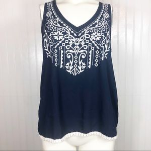 Blue tank top white embroidery fringe bottom